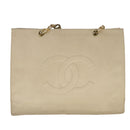 CHANEL COCO Mark Chain Tote Bag Caviar Skin Beige Gold CC Auth bs18886-13