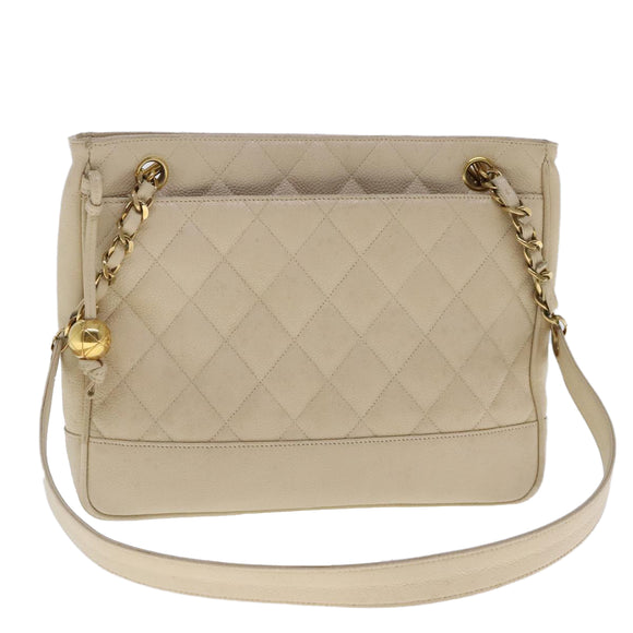 CHANEL Matelasse Chain Shoulder Bag Caviar Skin Beige CC Auth bs18887