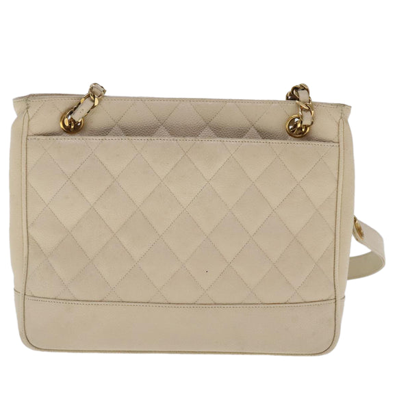 CHANEL Matelasse Chain Shoulder Bag Caviar Skin Beige CC Auth bs18887