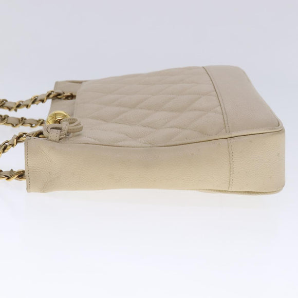 CHANEL Matelasse Chain Shoulder Bag Caviar Skin Beige CC Auth bs18887