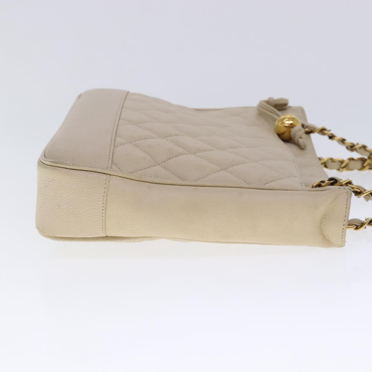 CHANEL Matelasse Chain Shoulder Bag Caviar Skin Beige CC Auth bs18887