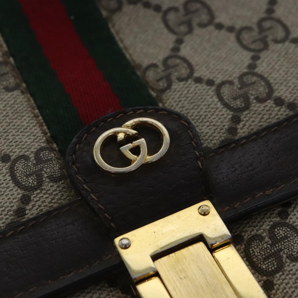 GUCCI GG Supreme Web Sherry Line Shoulder Bag PVC Beige Gold Auth bs18888