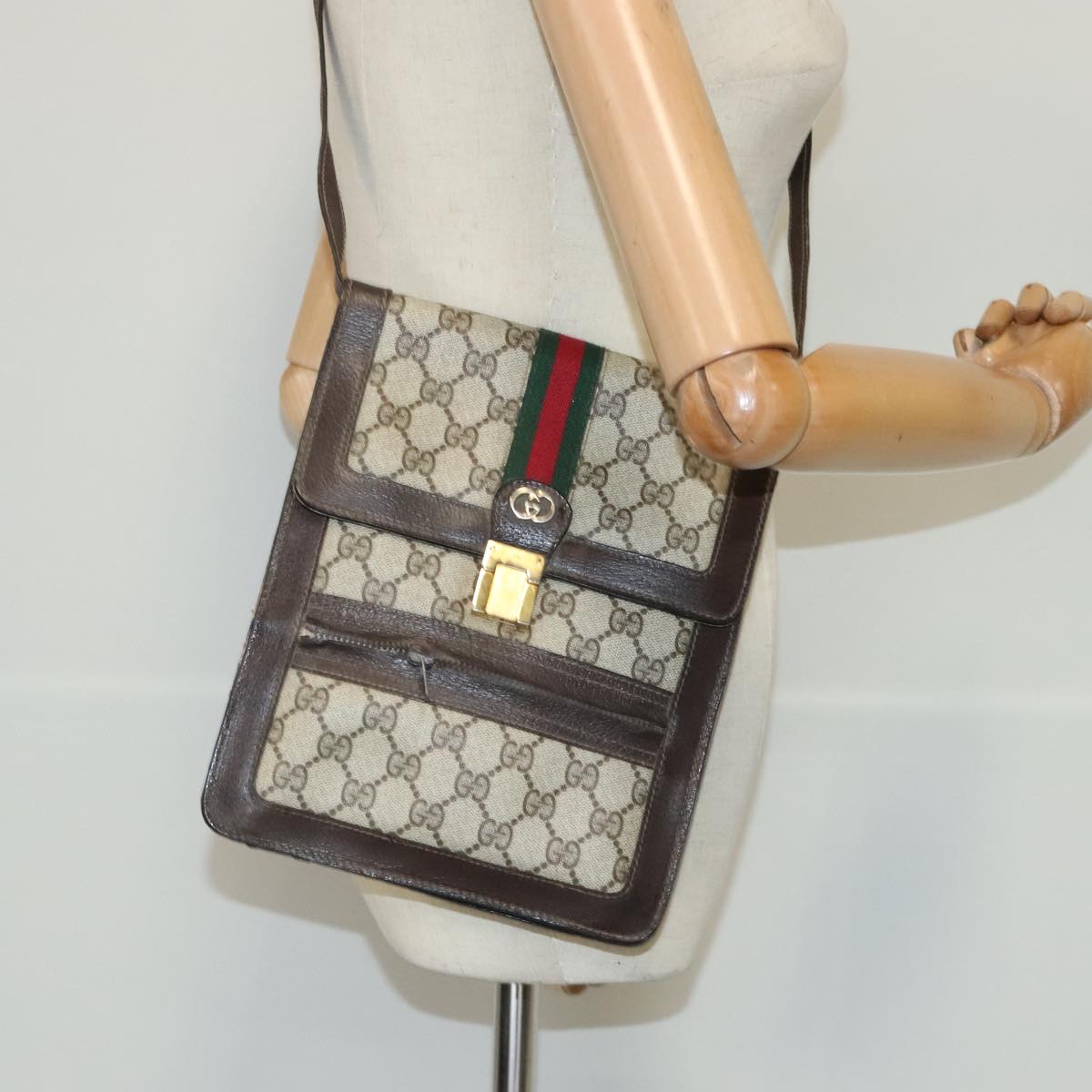 GUCCI GG Supreme Web Sherry Line Shoulder Bag PVC Beige Gold Auth bs18888