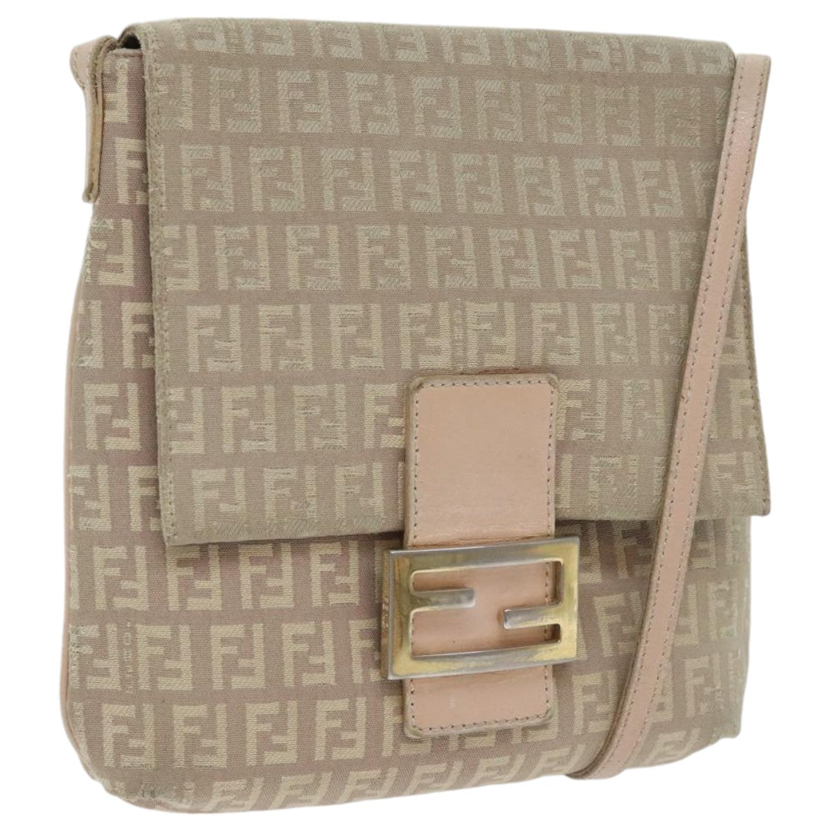 FENDI Zucchino Canvas Shoulder Bag Beige Gold Auth bs18891