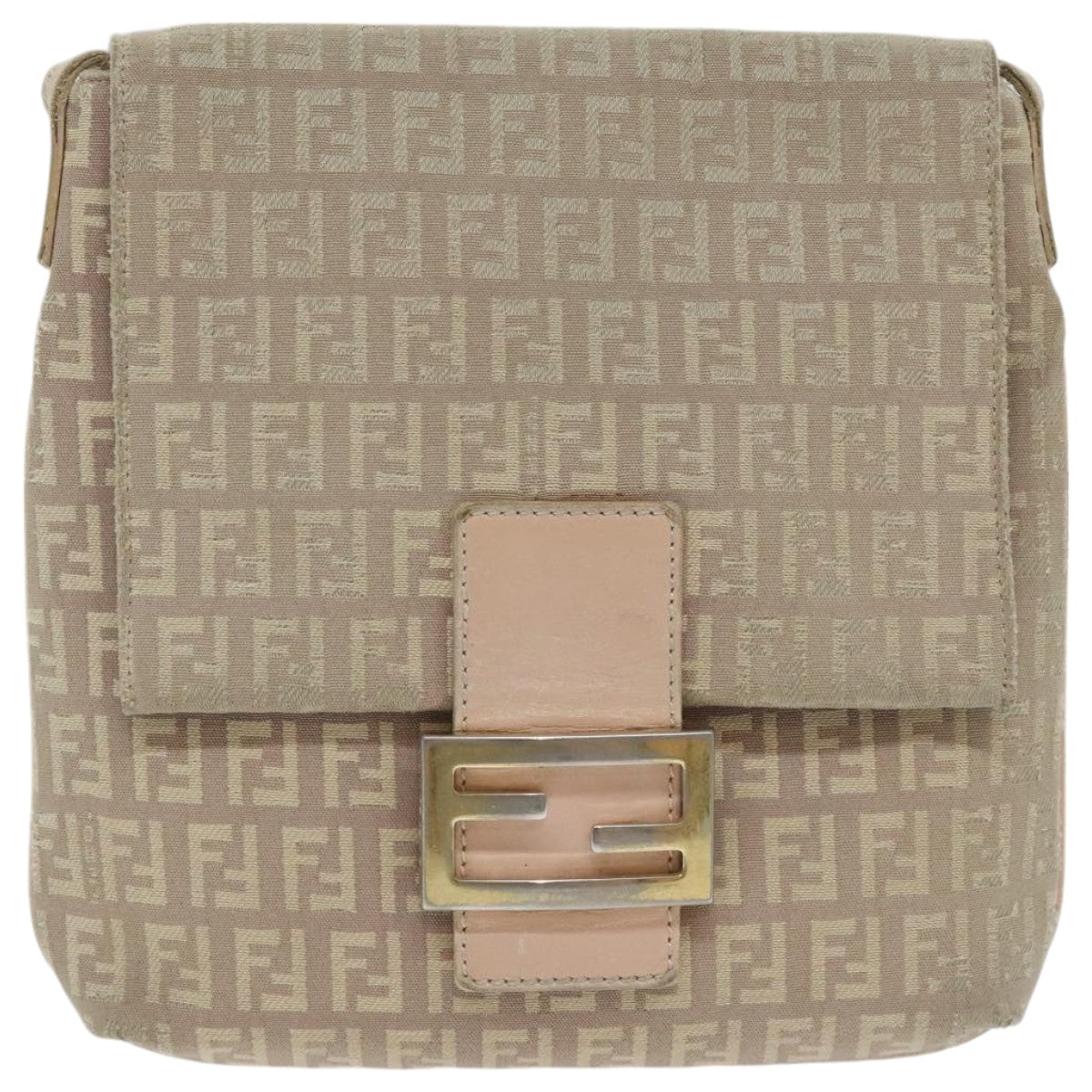 FENDI Zucchino Canvas Shoulder Bag Beige Gold Auth bs18891