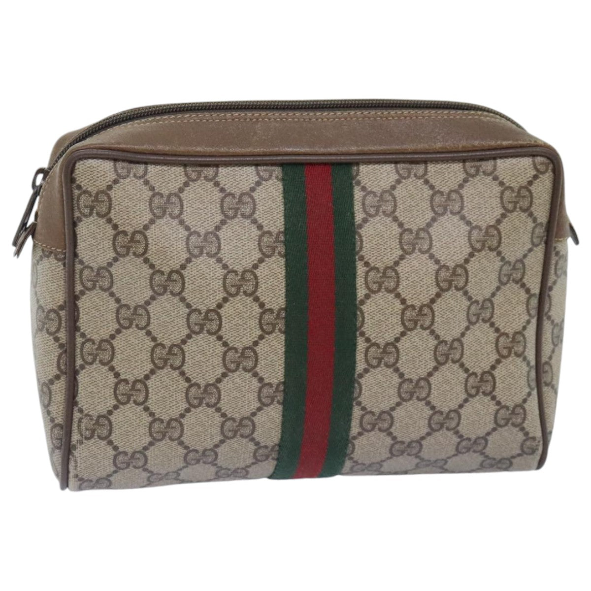 GUCCI GG Supreme Web Sherry Line Clutch Bag PVC Beige Red Auth bs18895