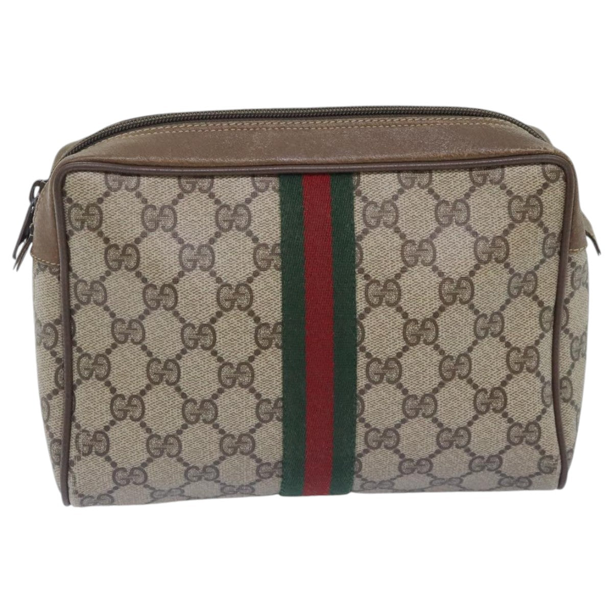 GUCCI GG Supreme Web Sherry Line Clutch Bag PVC Beige Red Auth bs18895 - 0