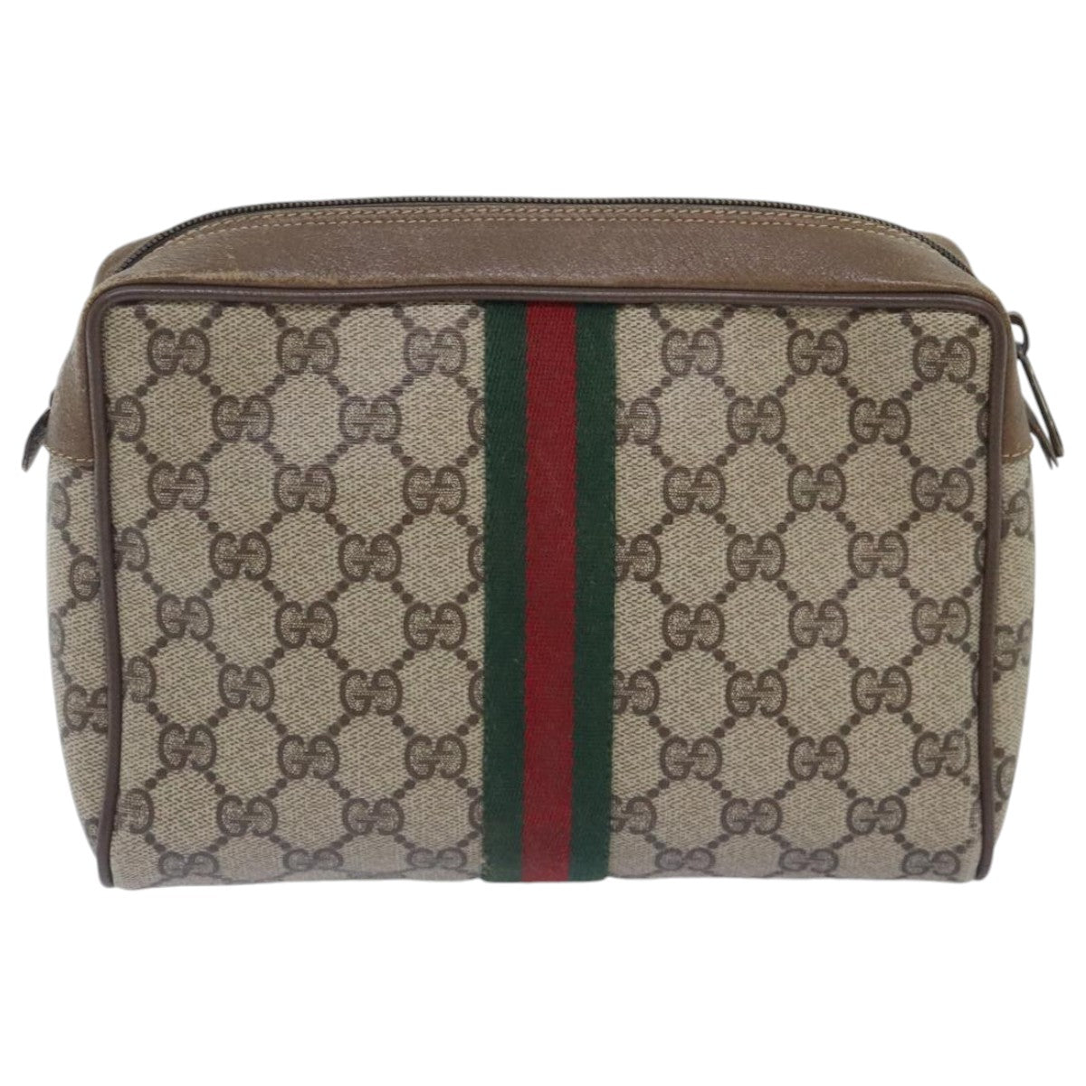 GUCCI GG Supreme Web Sherry Line Clutch Bag PVC Beige Red Auth bs18895