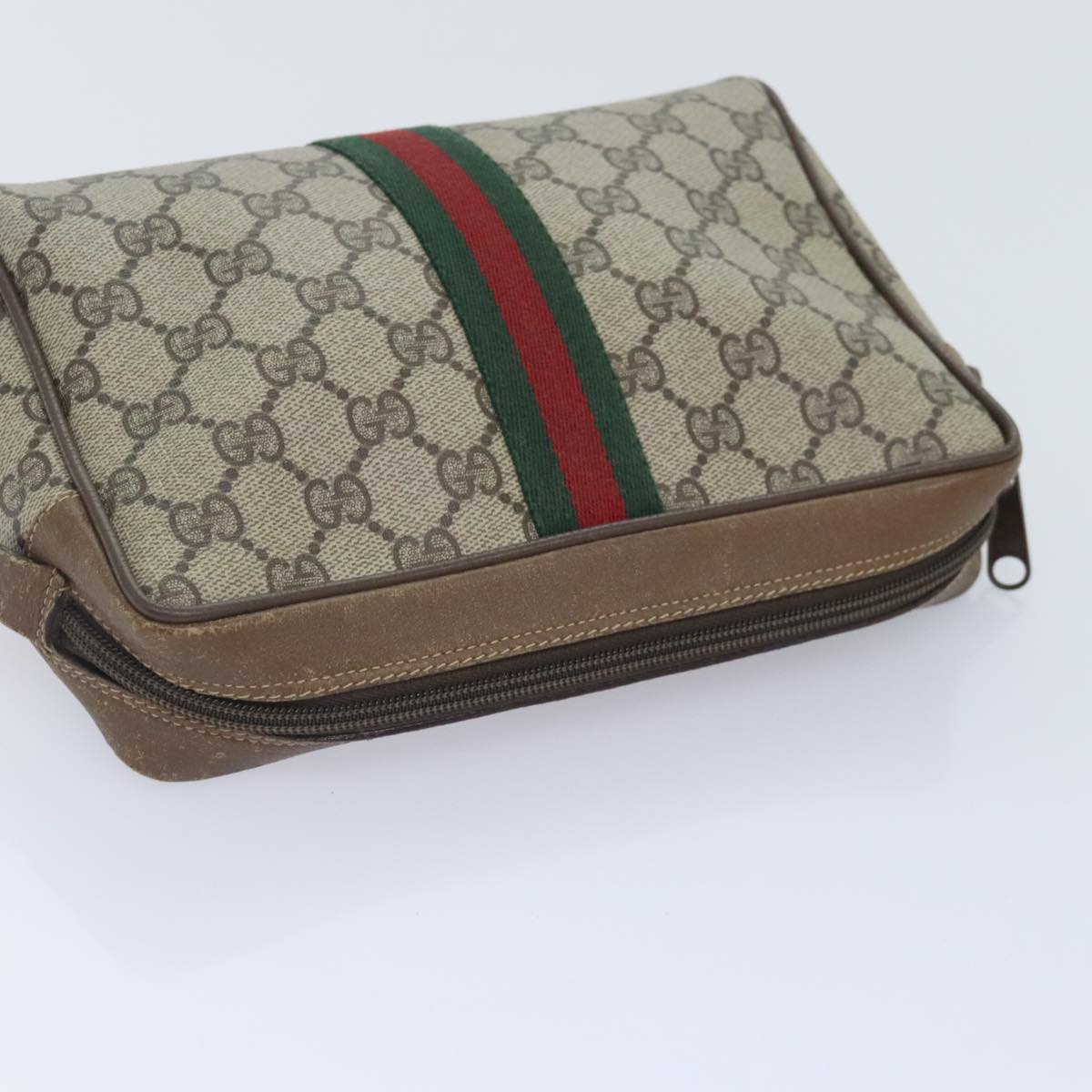 GUCCI GG Supreme Web Sherry Line Clutch Bag PVC Beige Red Auth bs18895