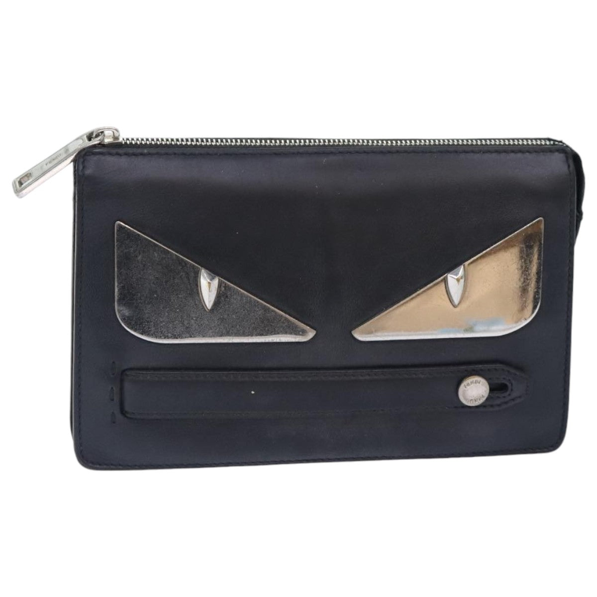 FENDI Clutch Bag Leather Black Silver Auth bs18896