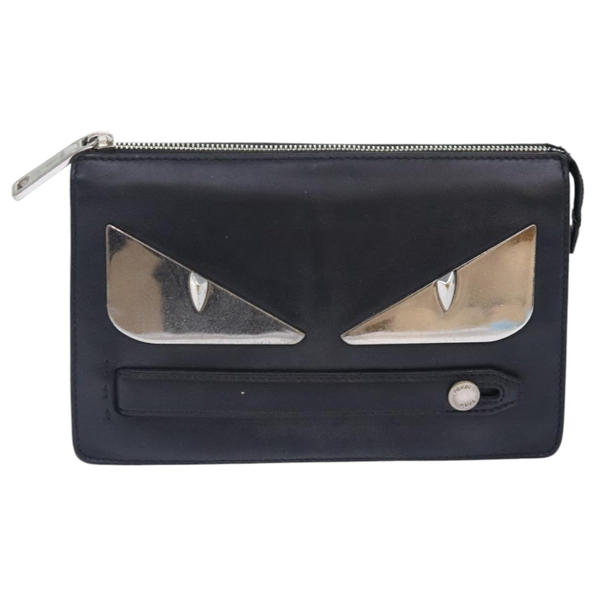 FENDI Clutch Bag Leather Black Silver Auth bs18896 - 0