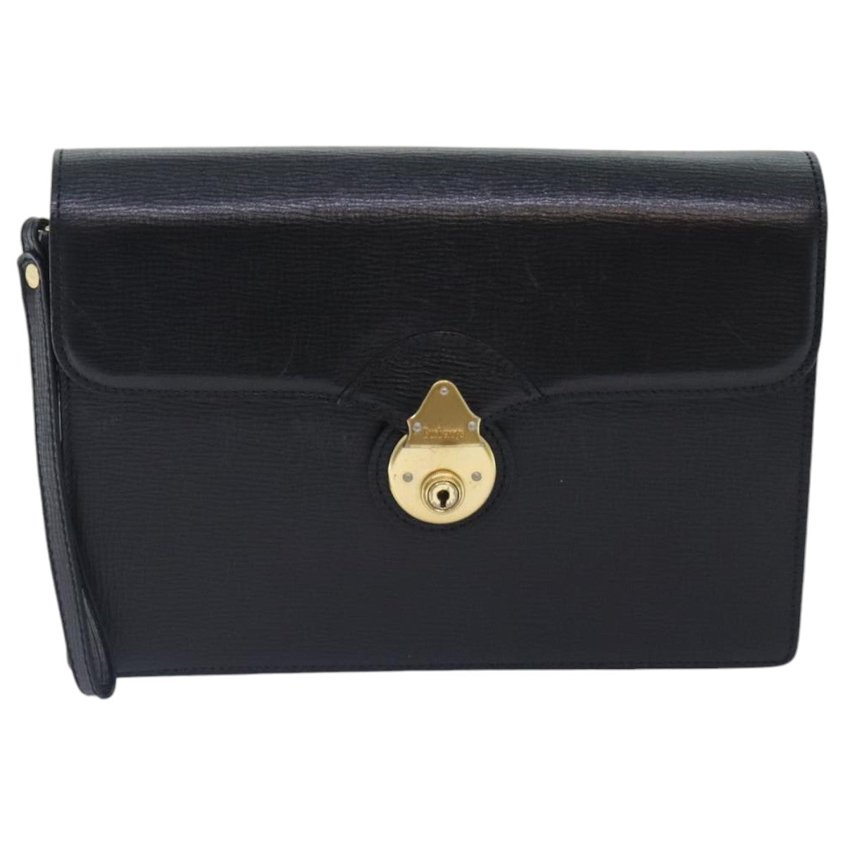 Burberrys Clutch Bag Leather Black Auth bs18898