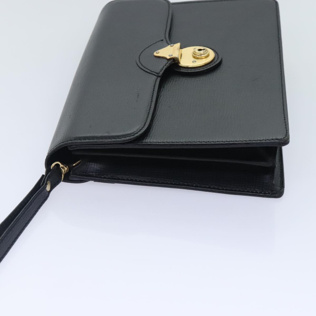 Burberrys Clutch Bag Leather Black Auth bs18898