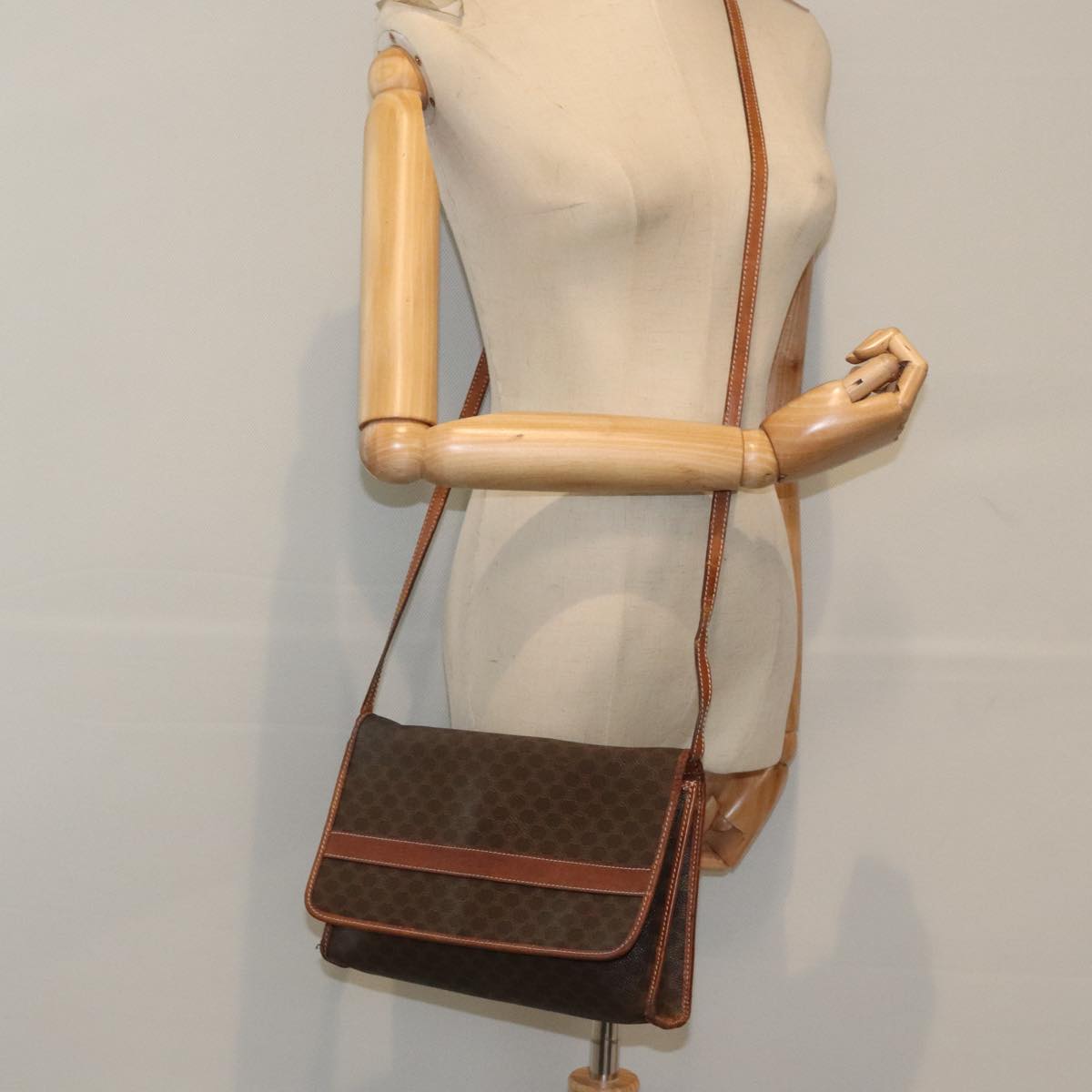 CELINE Macadam Canvas Shoulder Bag PVC Leather Brown Gold Auth bs18900