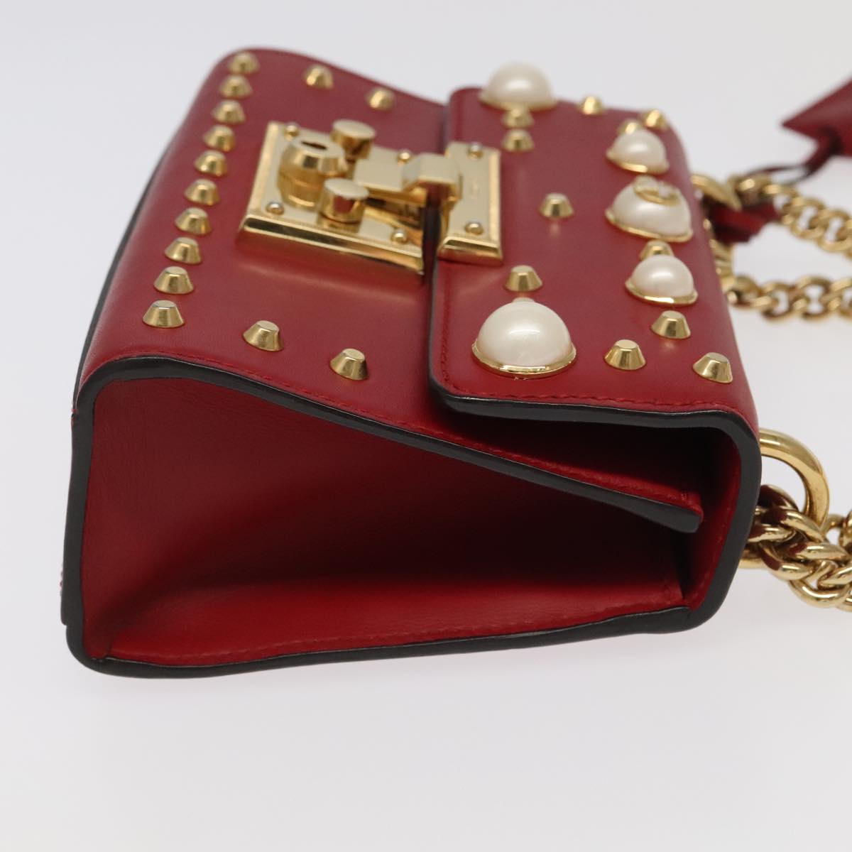 GUCCI Padlock Chain Shoulder Bag Leather Red Gold 432182 Auth bs18902A