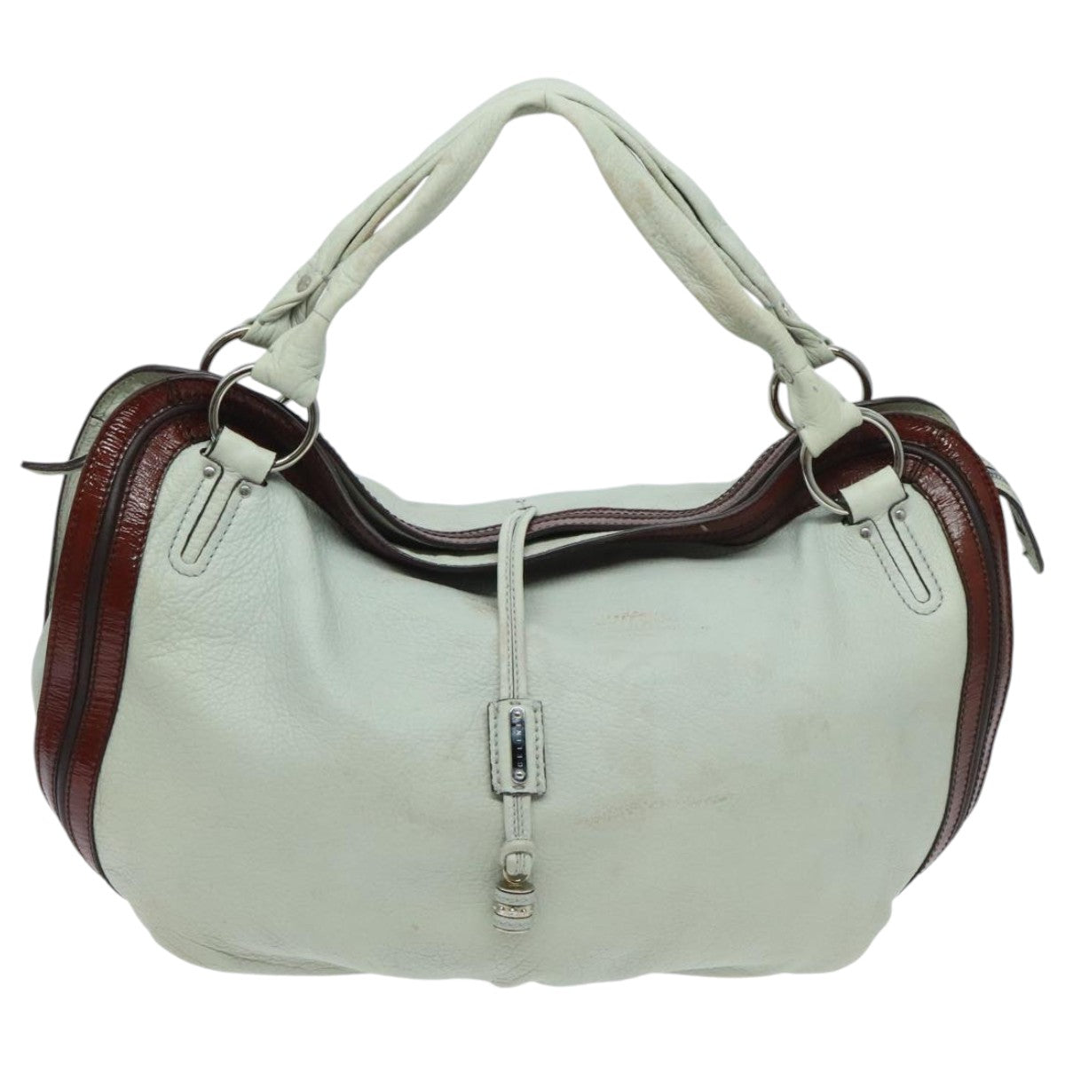 CELINE Shoulder Bag Leather White Brown Auth bs18904