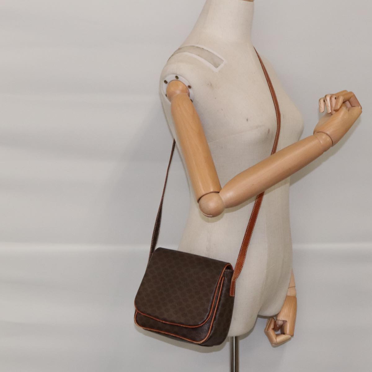 CELINE Macadam Canvas Shoulder Bag PVC Leather Brown Gold Auth bs18906