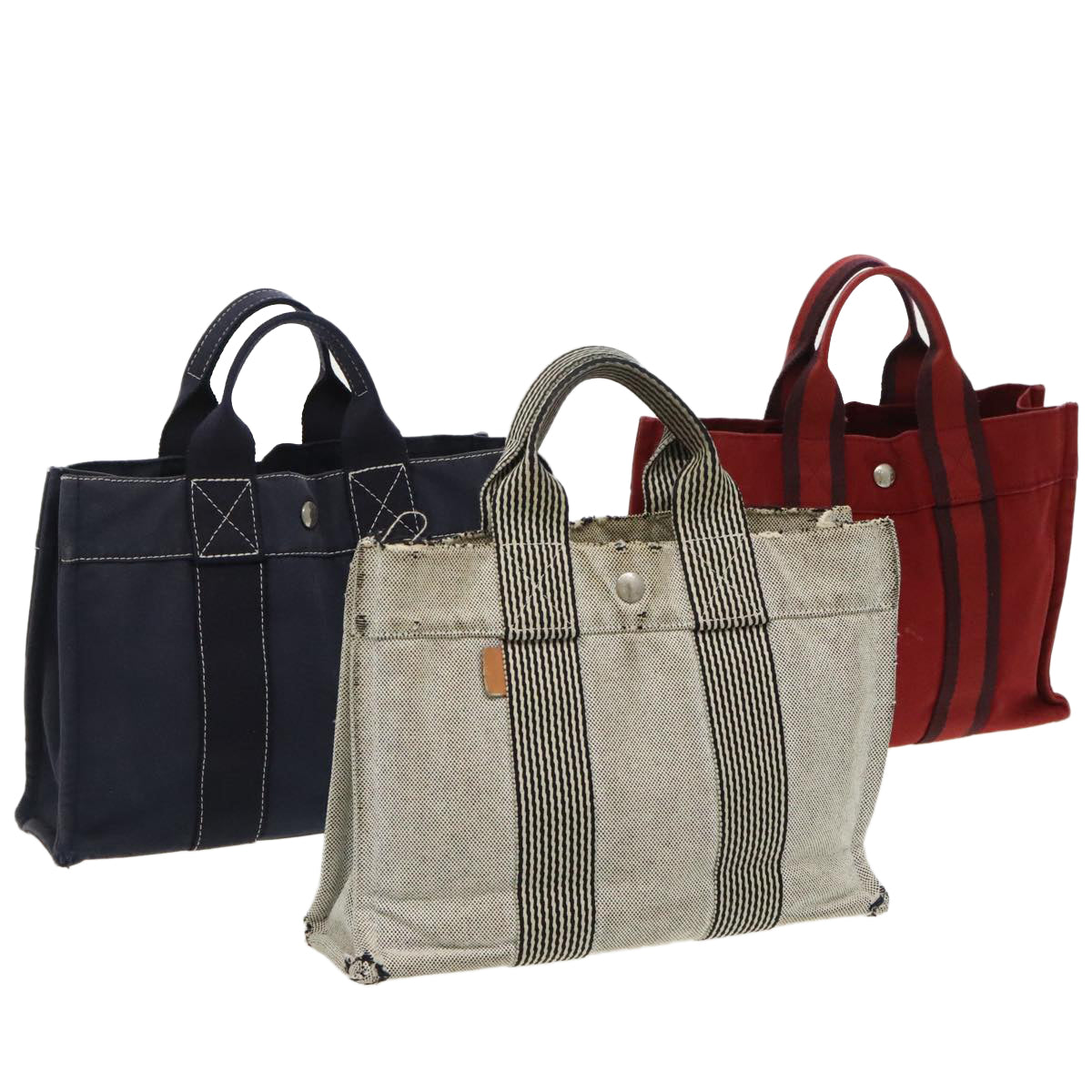 HERMES Hand Bag Canvas 3Set White Navy Red Auth bs18908