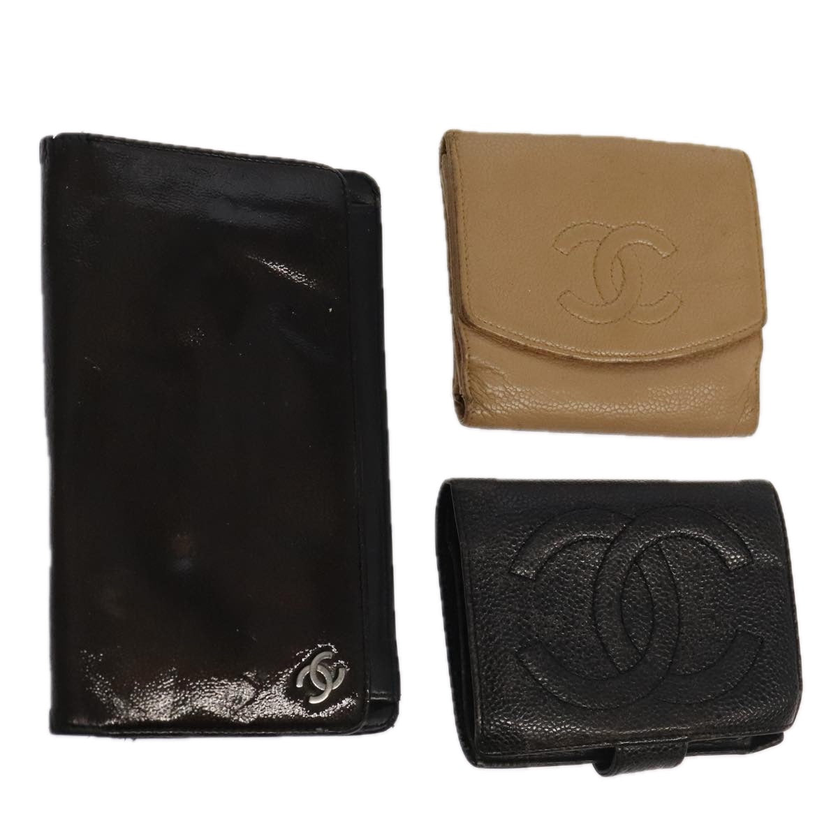 CHANEL Wallet Leather 3Set Black Beige CC Auth bs18941