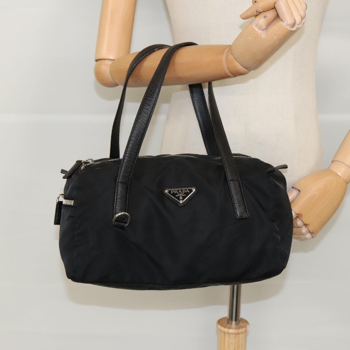 PRADA Hand Bag Nylon Black Silver Auth bs18963