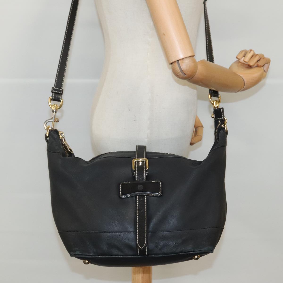 LOEWE Shoulder Bag Leather 2way Black Gold Auth bs18989