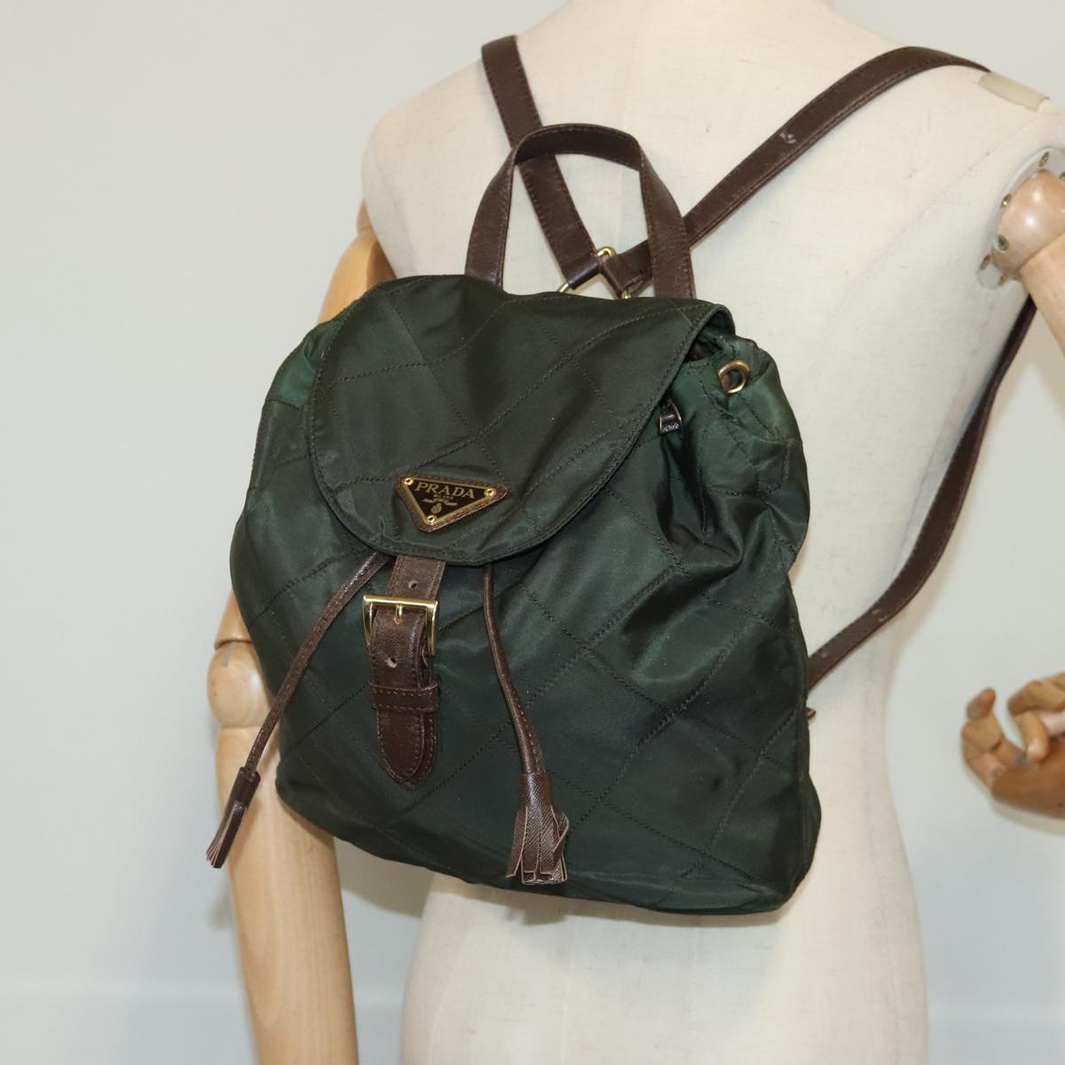 PRADA Backpack Nylon Green Gold Auth bs19006