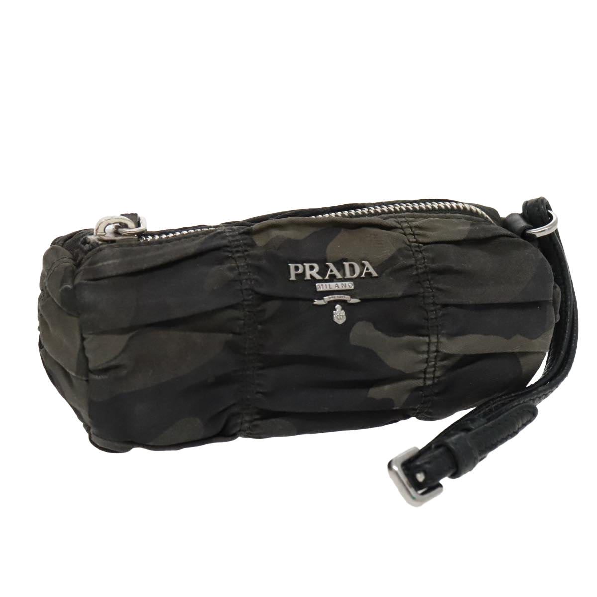 PRADA Pouch Nylon Black Silver khaki Auth bs19007