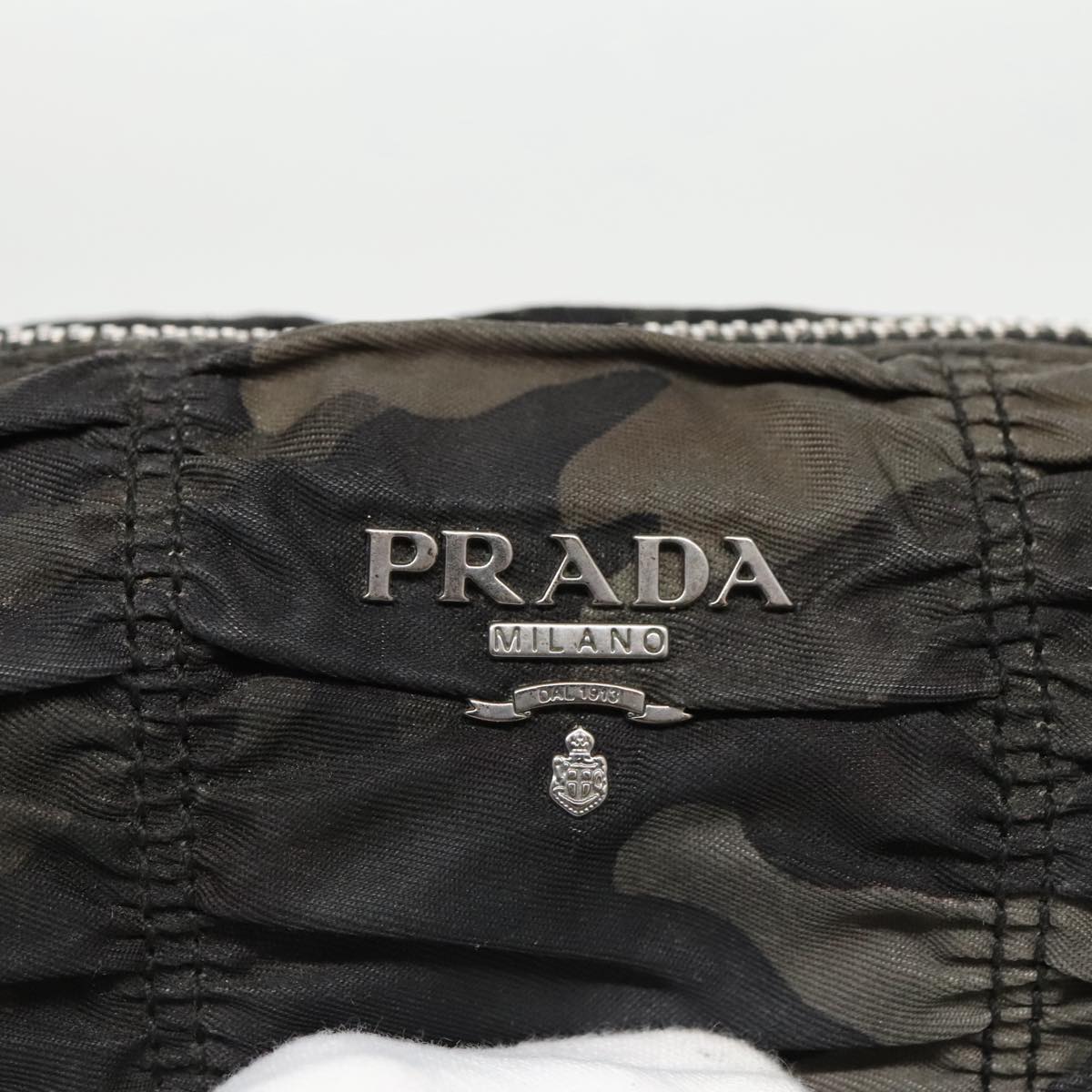 PRADA Pouch Nylon Black Silver khaki Auth bs19007