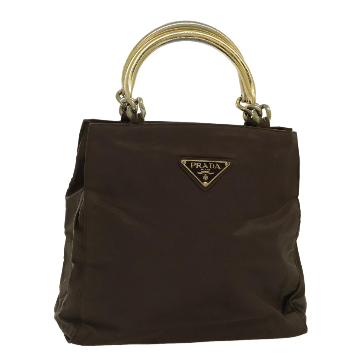 PRADA Hand Bag Nylon Brown Gold Auth bs19009