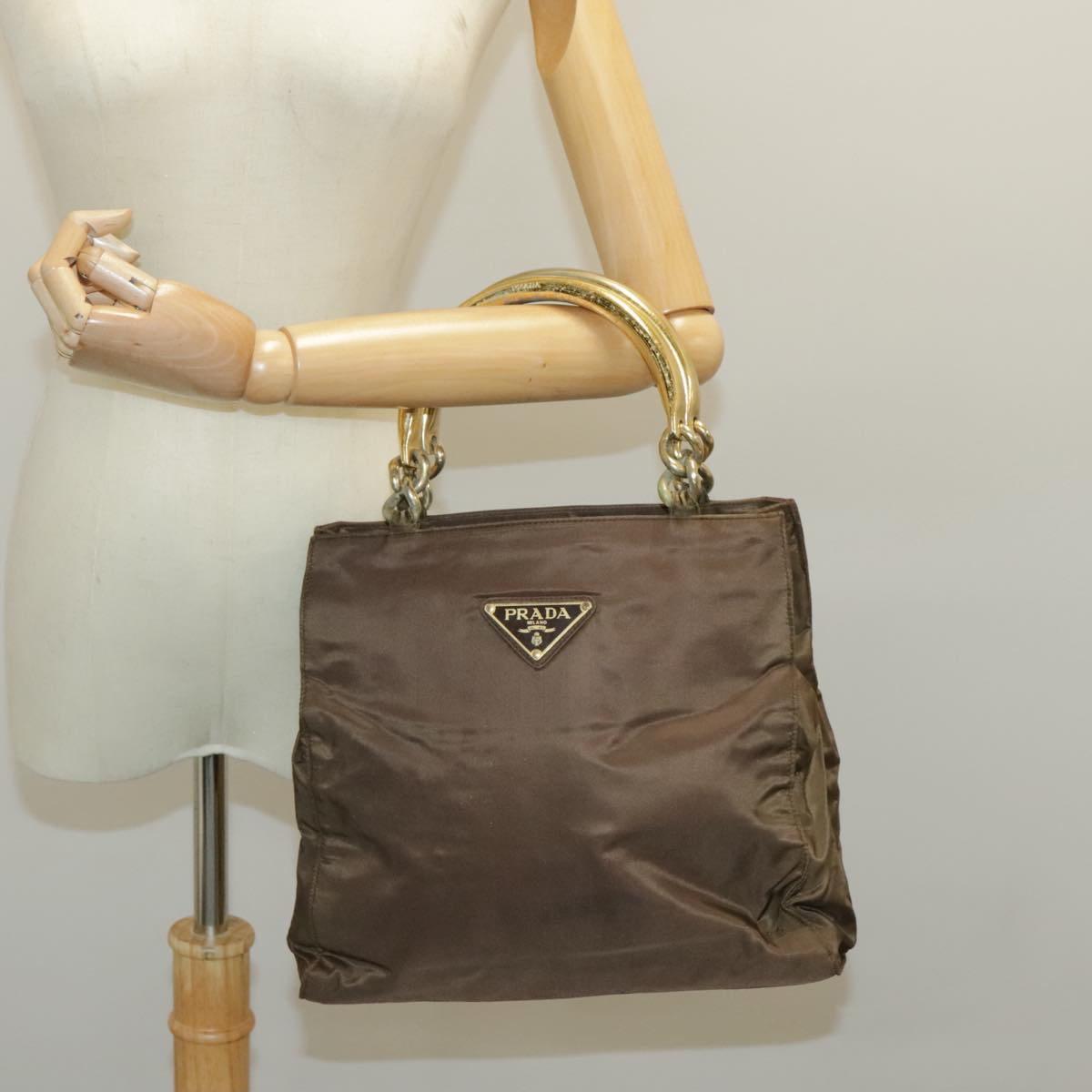 PRADA Hand Bag Nylon Brown Gold Auth bs19009