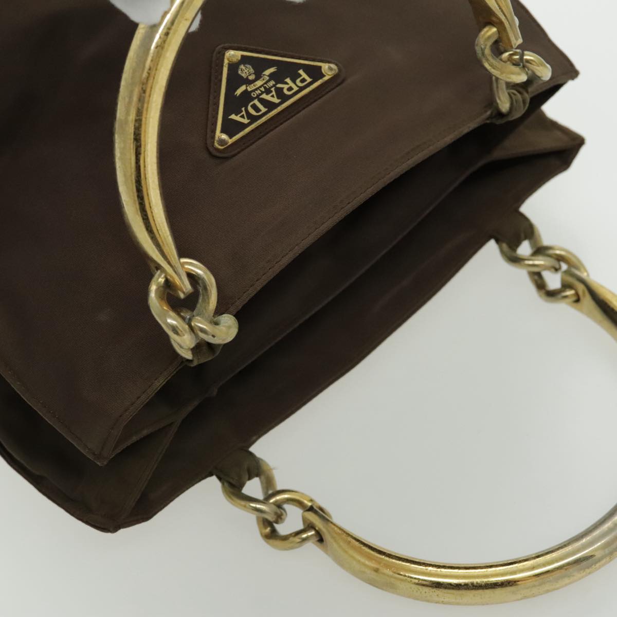 PRADA Hand Bag Nylon Brown Gold Auth bs19009