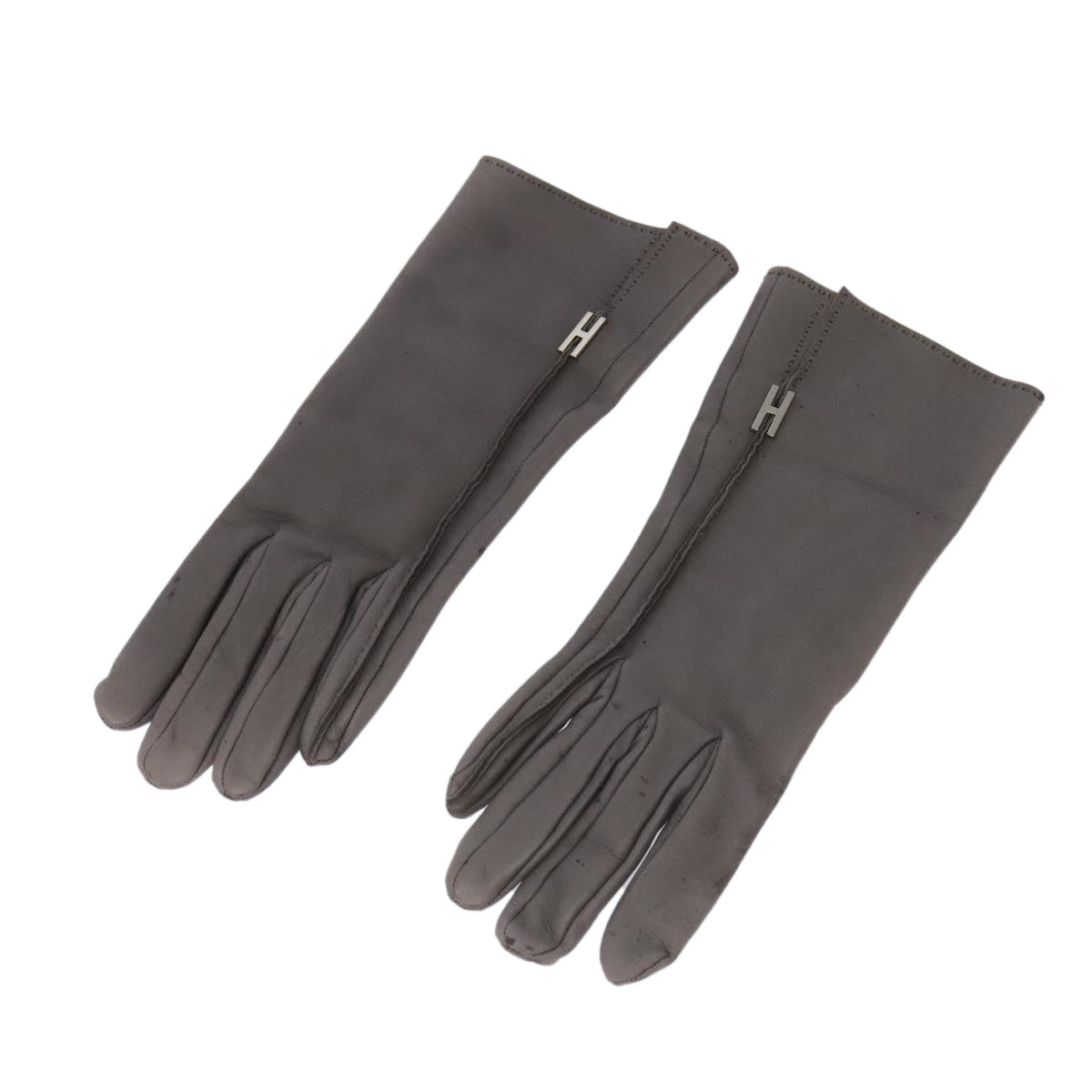 HERMES Gloves Leather Gray Auth bs19011