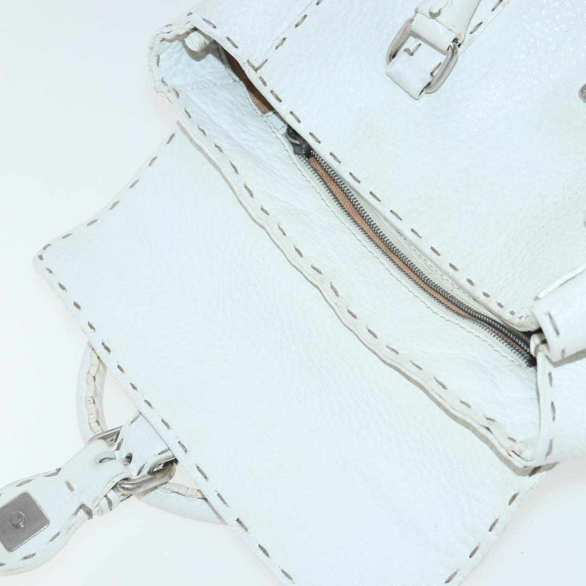 FENDI Celeria Hand Bag Leather White Silver Auth bs19022