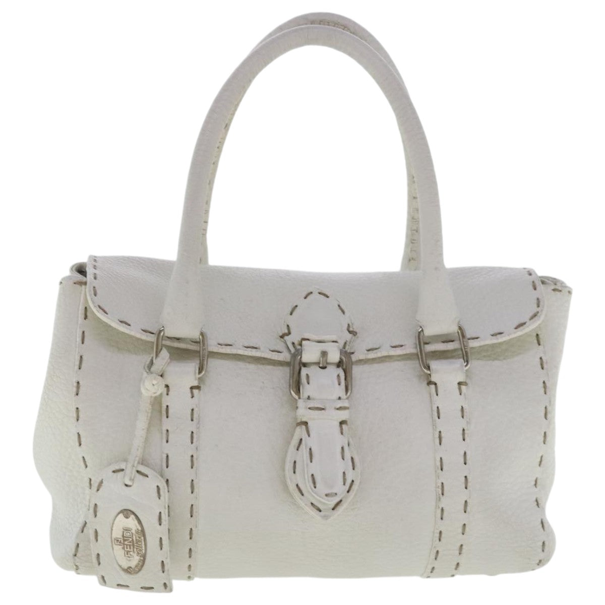 FENDI Celeria Hand Bag Leather White Silver Auth bs19022