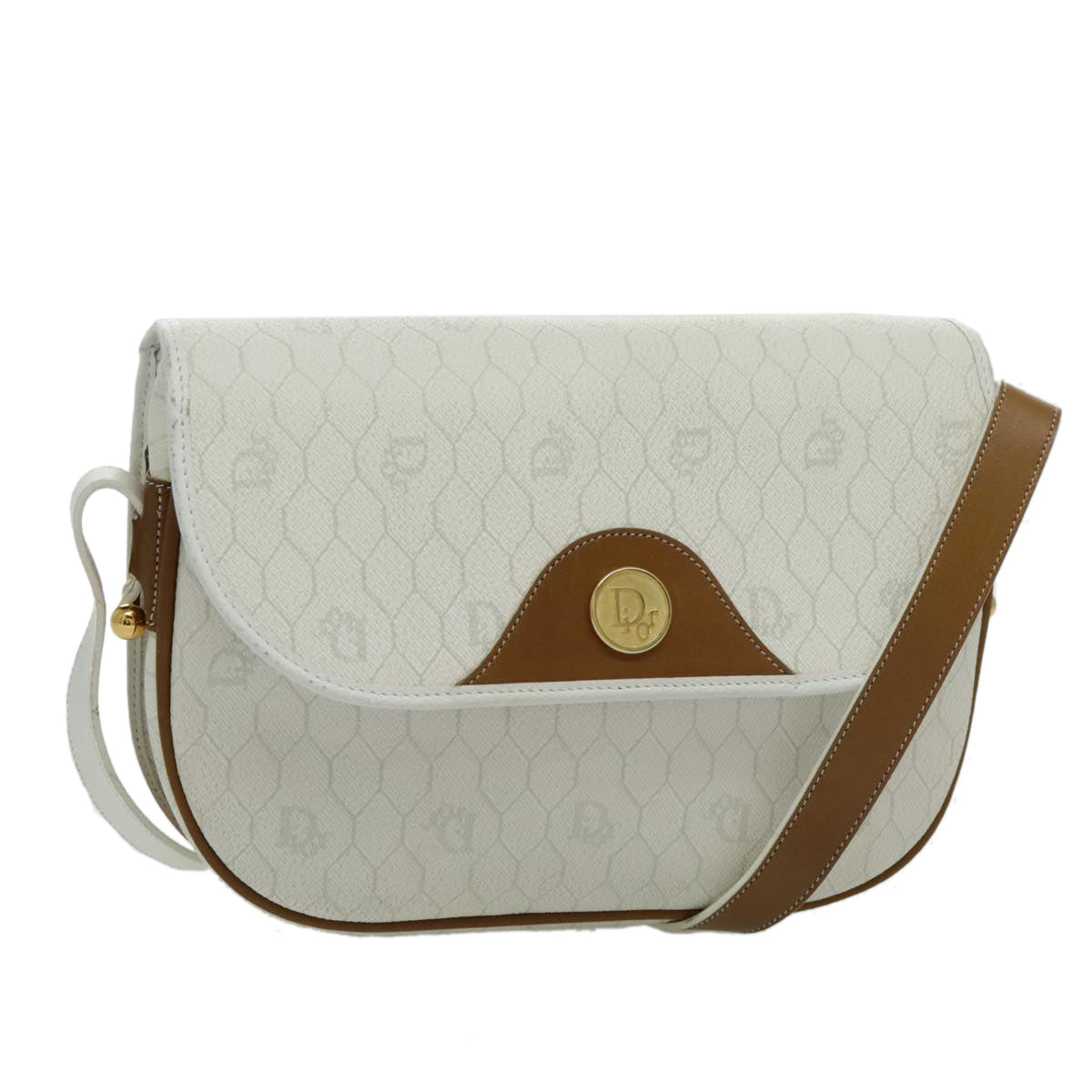 Christian Dior Honeycomb Canvas Shoulder Bag PVC White Gold Auth bs19031