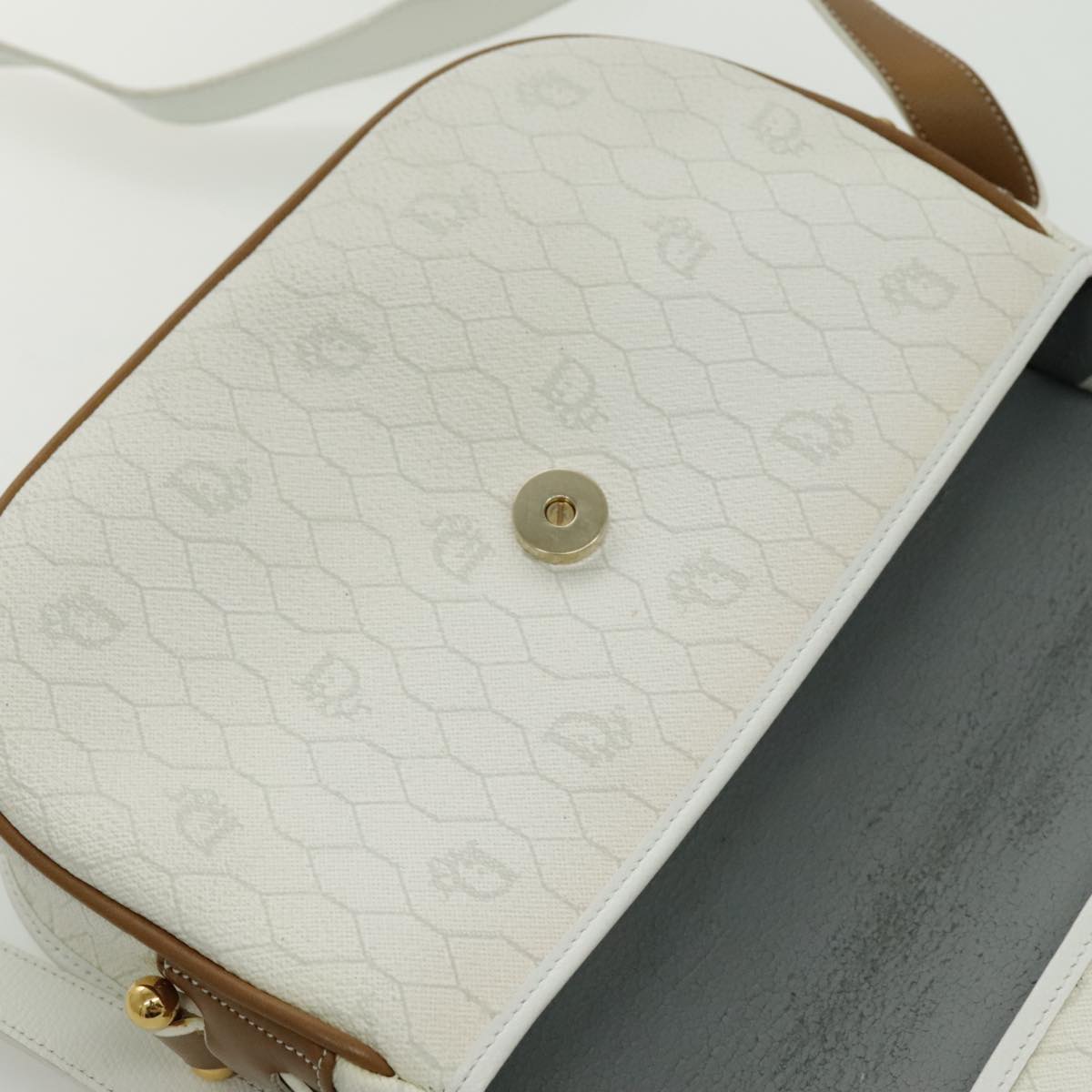 Christian Dior Honeycomb Canvas Shoulder Bag PVC White Gold Auth bs19031