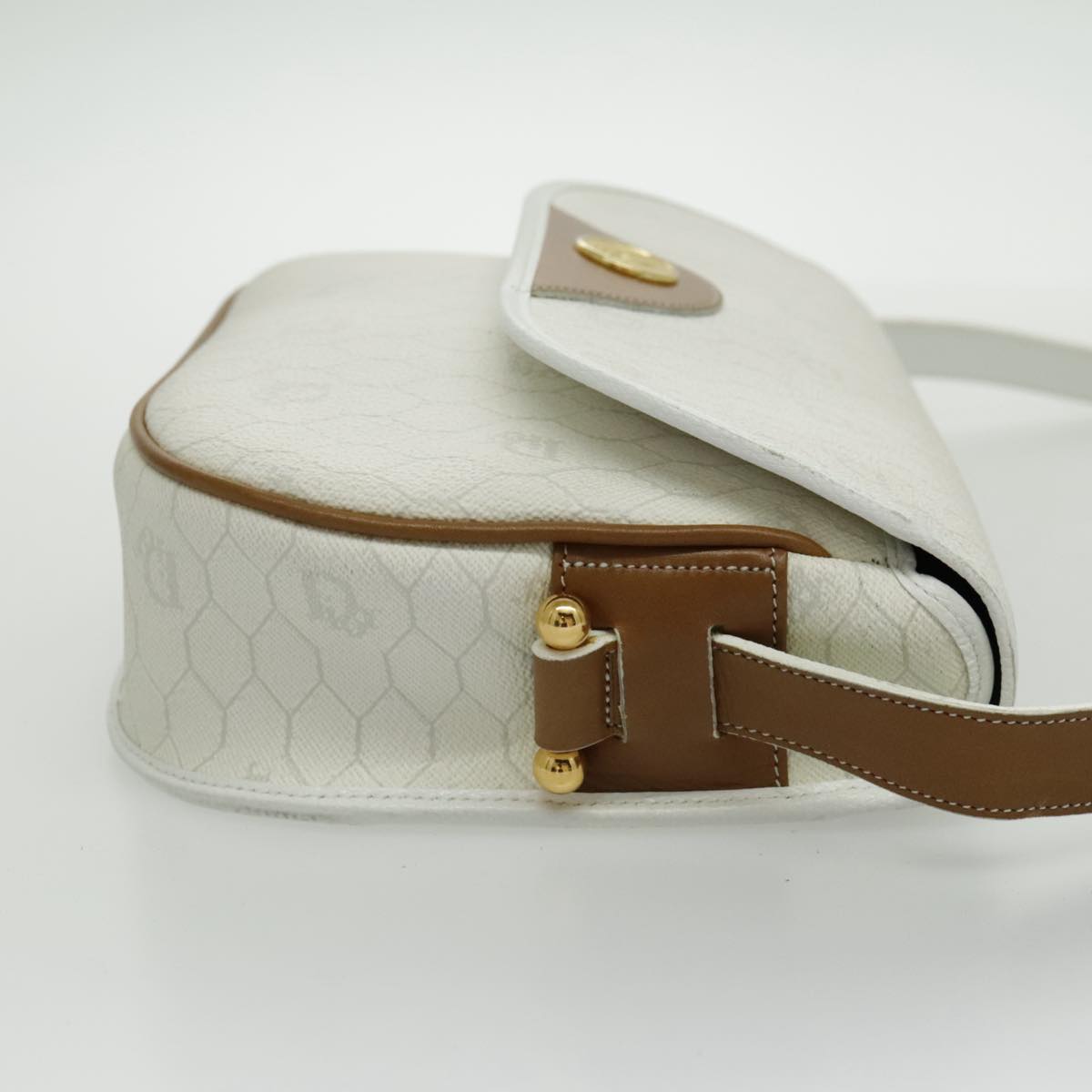 Christian Dior Honeycomb Canvas Shoulder Bag PVC White Gold Auth bs19031