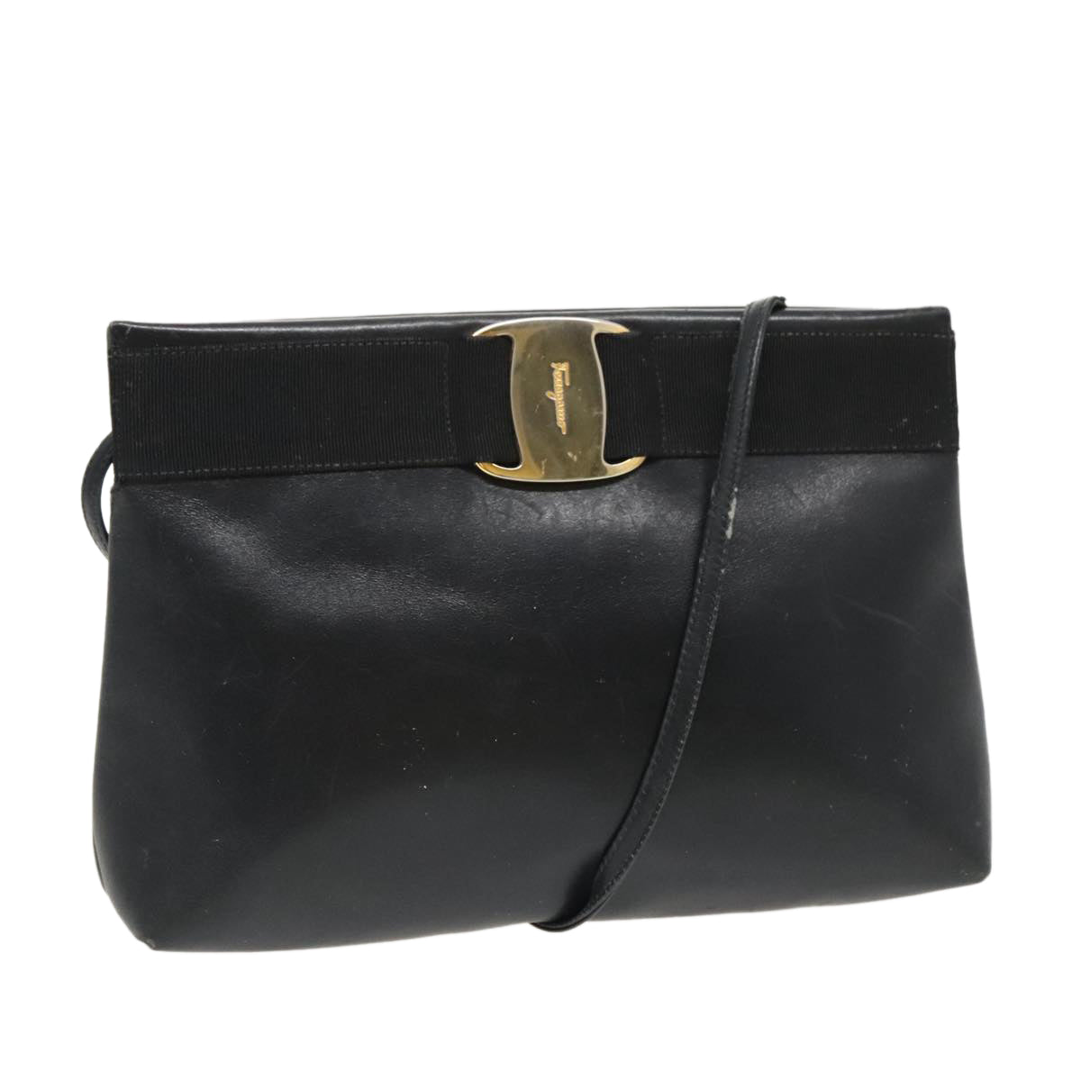 Salvatore Ferragamo Shoulder Bag Leather Black Gold Auth bs19045