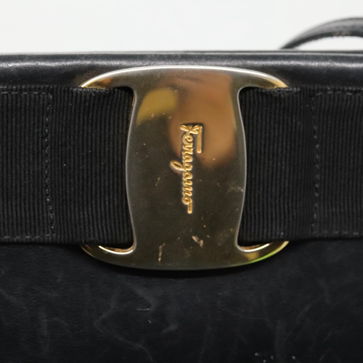 Salvatore Ferragamo Shoulder Bag Leather Black Gold Auth bs19045