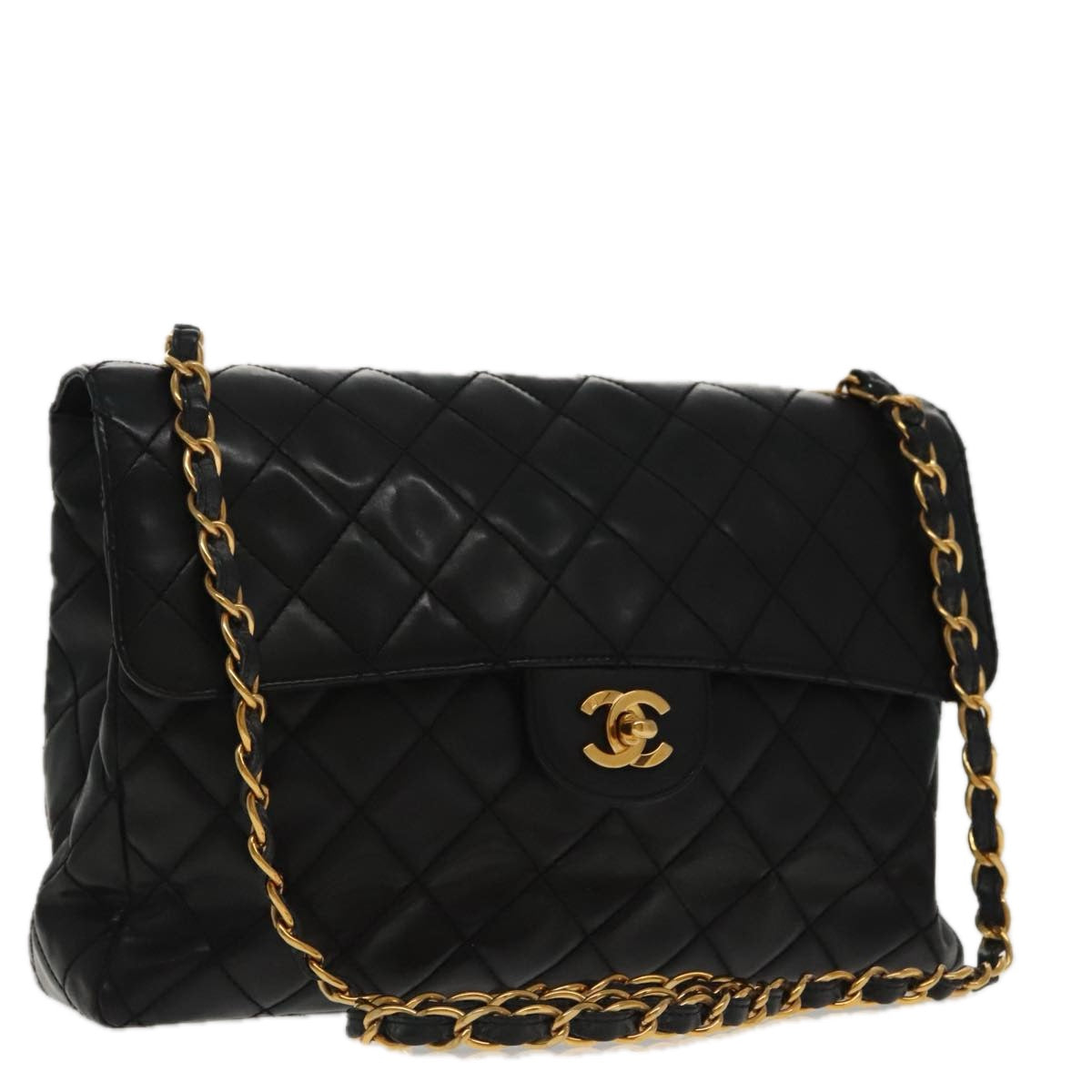 CHANEL Chain Matelasse Shoulder Bag Patent leather Black Gold CC Auth bs19067