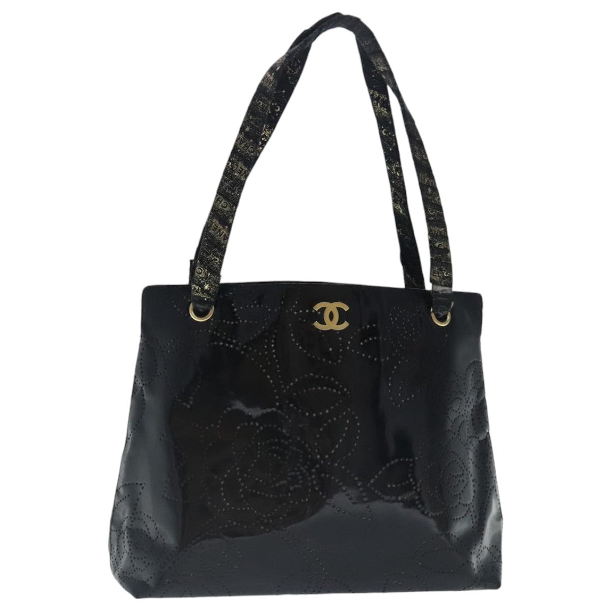 CHANEL Tote Bag Patent leather Gold Black CC Auth bs19069