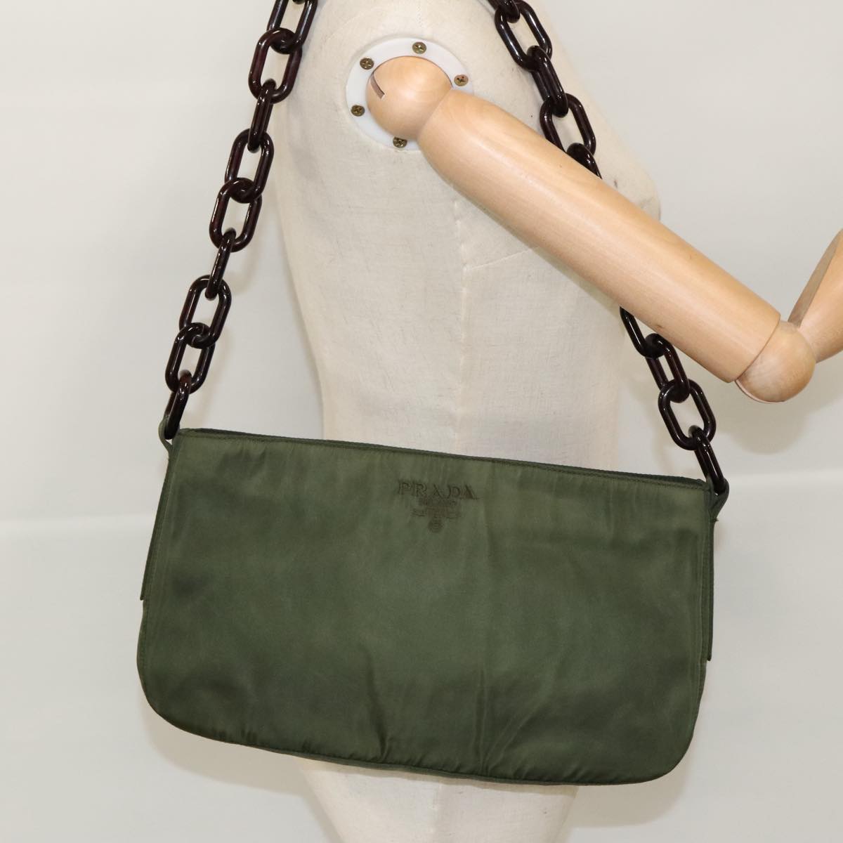 PRADA Shoulder Bag Nylon Khaki Silver Auth bs19075