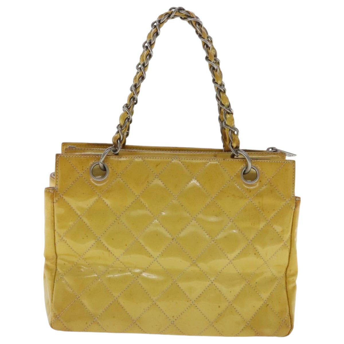 CHANEL Chain Hand Bag Patent leather Yellow Silver CC Auth bs19078