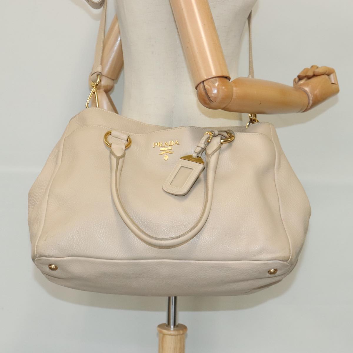 PRADA Tote Bag Leather 2way Beige Gold Auth bs19089