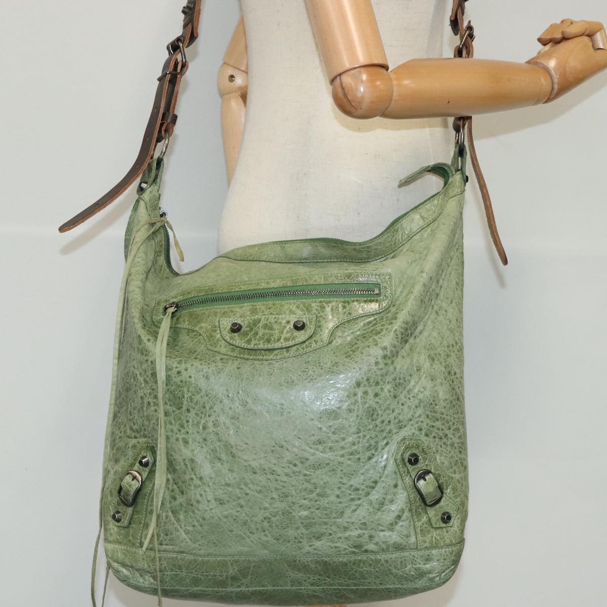 BALENCIAGA The Day Shoulder Bag Leather Green 141175 Auth bs19094