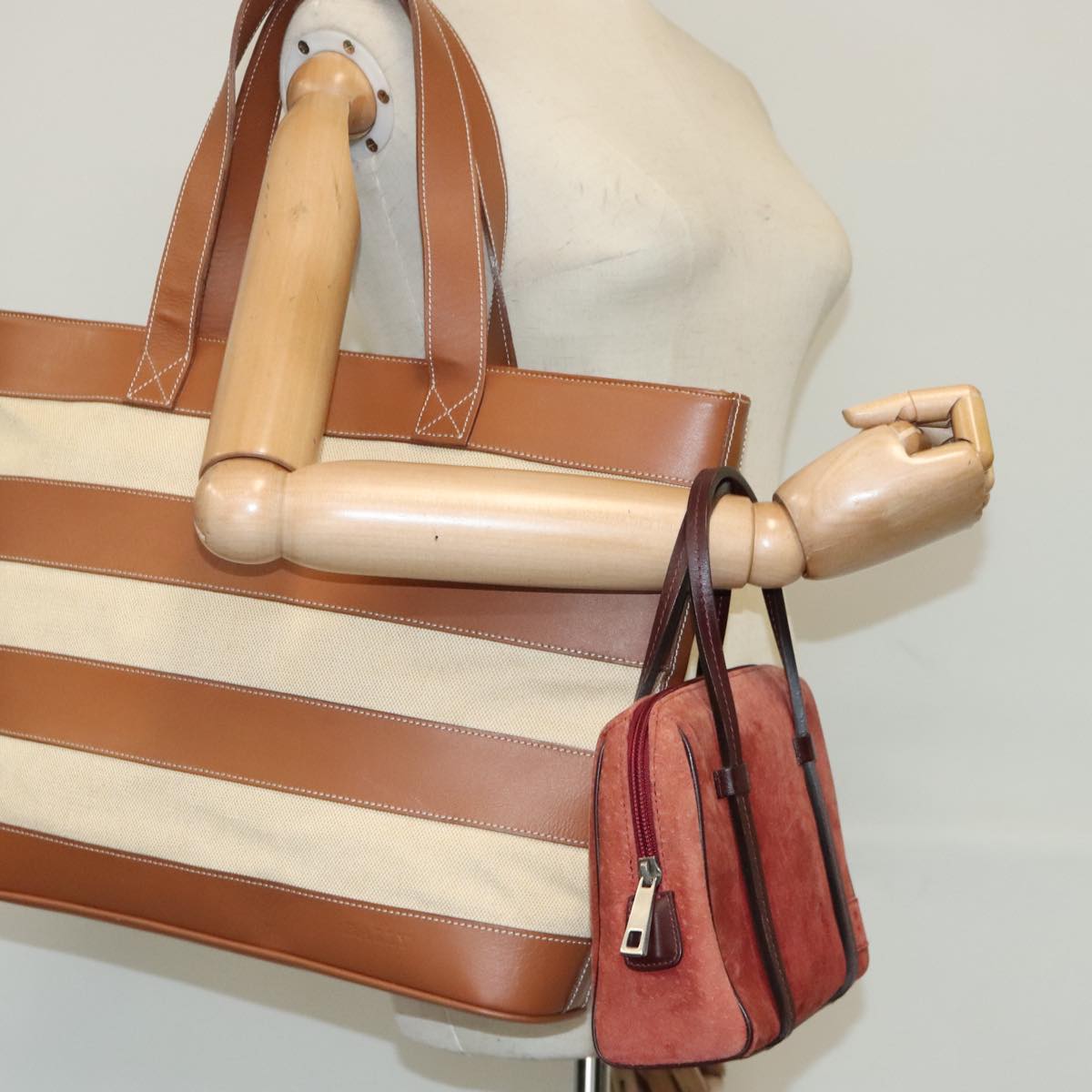 BALLY Tote Bag Canvas Leather 2Set Beige Brown Red Auth bs19097