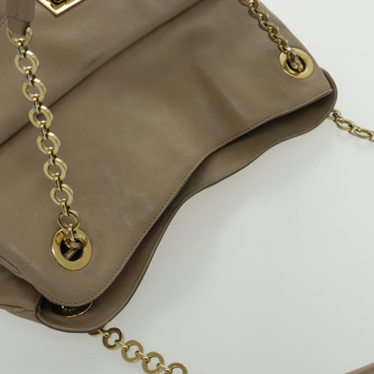 Salvatore Ferragamo Gancini Chain Shoulder Bag Leather Beige Gold Auth bs19111