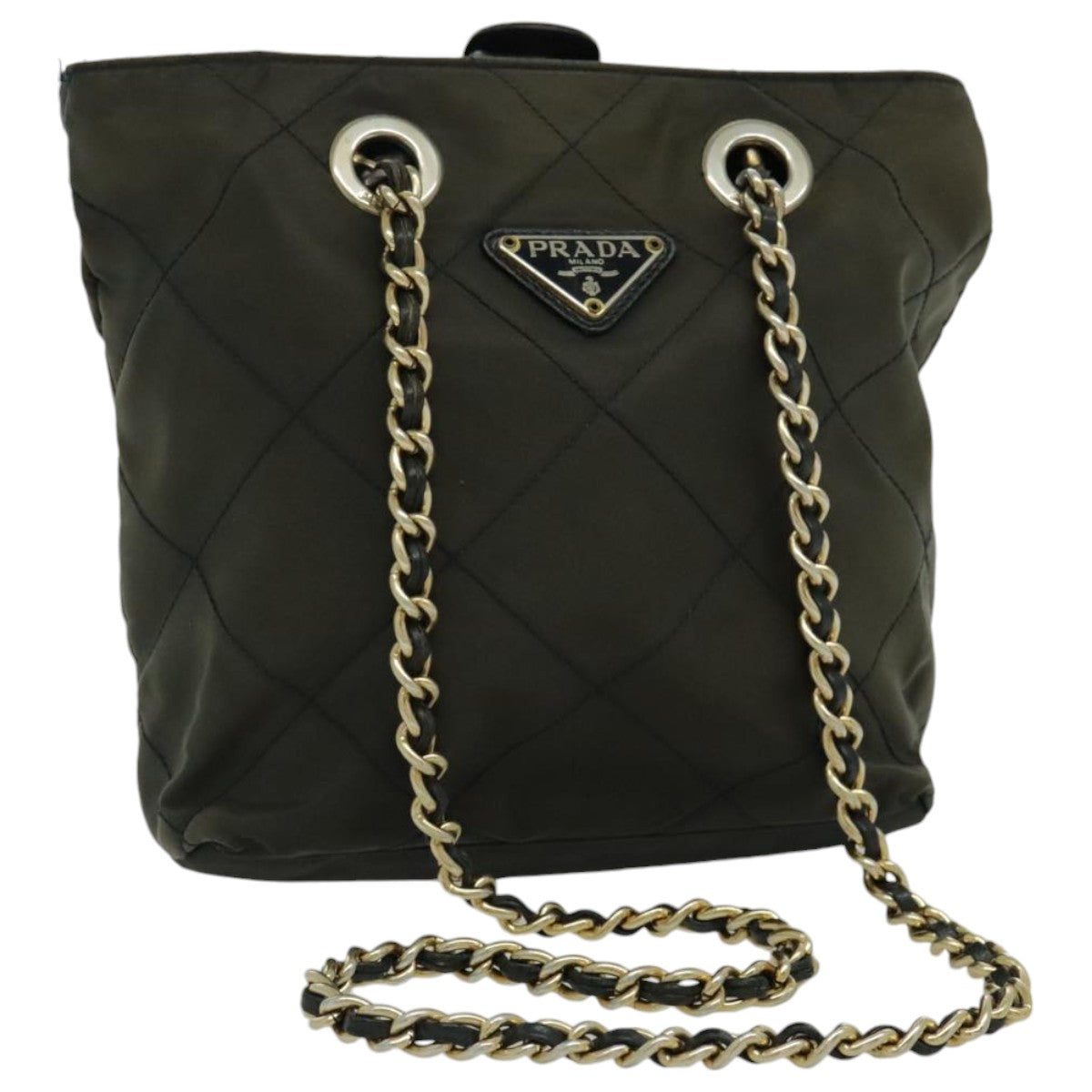 PRADA Chain Shoulder Bag Nylon Khaki Gold Auth bs19116