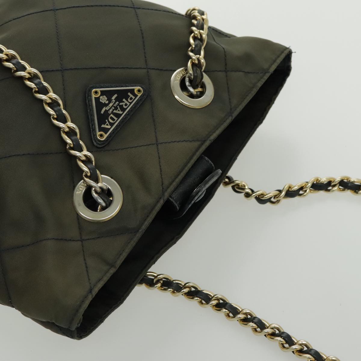 PRADA Chain Shoulder Bag Nylon Khaki Gold Auth bs19116