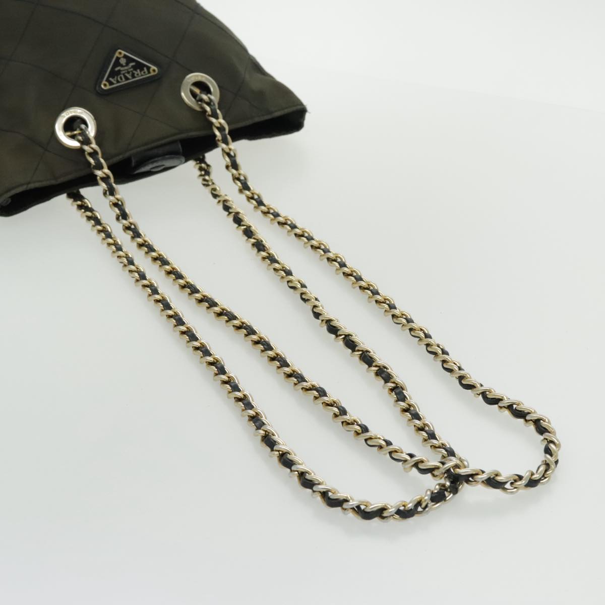 PRADA Chain Shoulder Bag Nylon Khaki Gold Auth bs19116